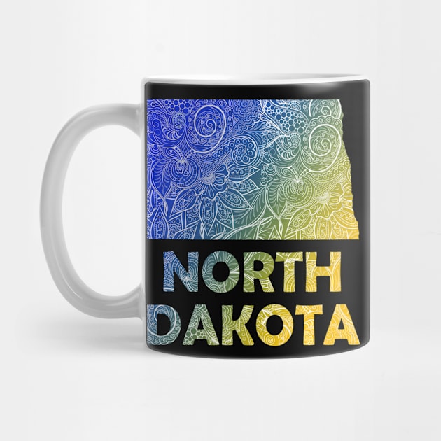 Colorful mandala art map of North Dakota with text in blue and yellow by Happy Citizen